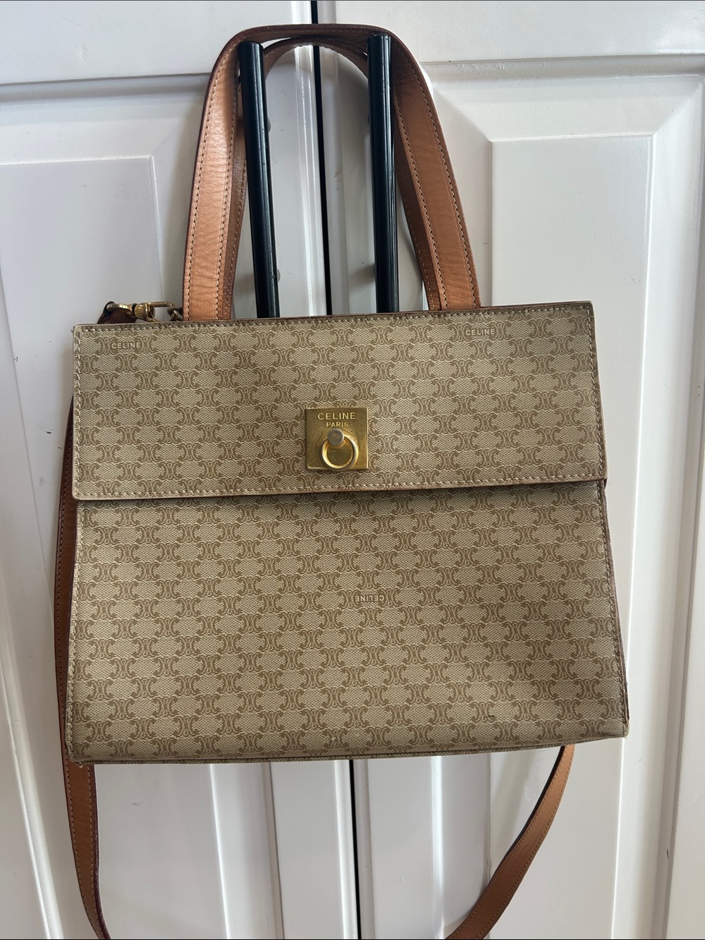 CELINE Beige Triomphe Canvas Satchel with Tan Leather Trim 10”X9”X4,5